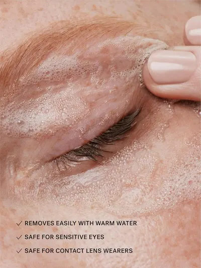 Communicates multiple benefits of the product: ease of removal with warm water, safety for sensitive eyes, and compatibility with contact lens wearers to reassure shoppers about gentle and…