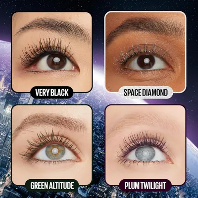 Showcases the brand's mascara product line by displaying four different color/finish options (Very Black, Space Diamond, Green Altitude, Plum Twilight) to help shoppers choose the variant that best…