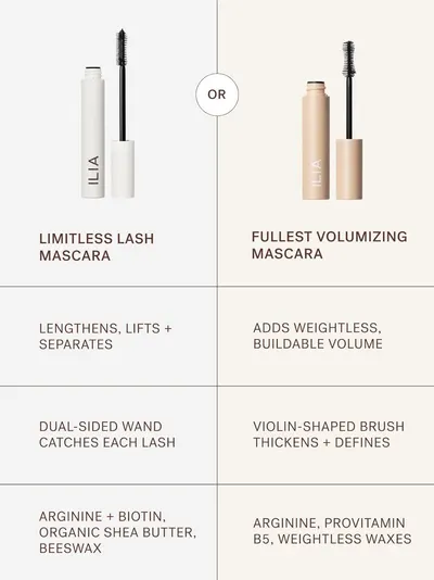 Helps shoppers choose between two mascara options from the same brand by comparing their benefits, brush types, and ingredients side-by-side.
