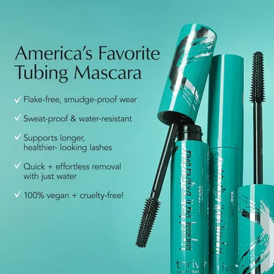 Communicates multiple distinct benefits of the tubing mascara in a segmented list format to show shoppers why this product is superior across several performance dimensions.