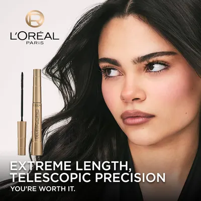 This image establishes L'Oréal Paris brand identity and emotional connection with the tagline 'YOU'RE WORTH IT,' while showcasing the Telescopic mascara product to build brand recognition and…