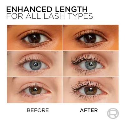 Demonstrates the visible transformation and lengthening effect the product delivers on lashes across different lash types, proving effectiveness and results to shoppers.
