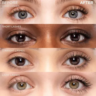 Demonstrates the dramatic transformation and volumizing effect of the mascara product by showing before and after results on different lash types (long, short, straight, and light lashes). Shows…
