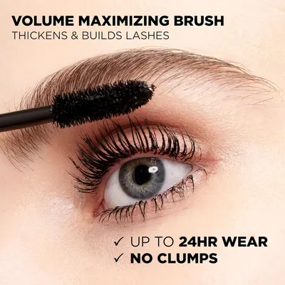 Communicates multiple key benefits of the mascara product: the volume-building brush design, long-lasting 24-hour wear, and clump-free formula to reassure shoppers of quality and performance.