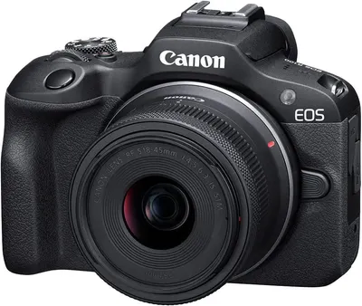 Provides a clean, catalog-style view of the Canon EOS camera with lens, allowing shoppers to see the product clearly without distractions.