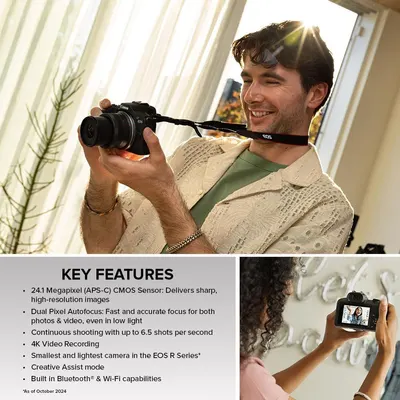 Communicates multiple technical features and benefits of the camera in a structured, bulleted list format to help shoppers understand the product's comprehensive capabilities.