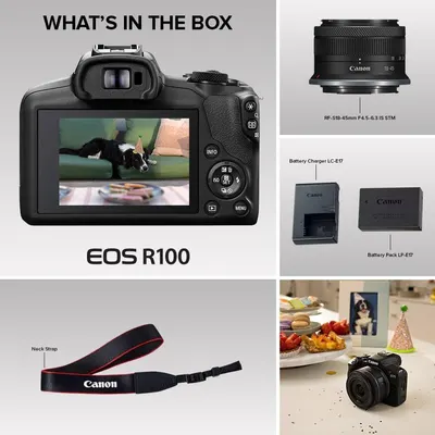 Shows the customer everything included with the Canon EOS R100 camera purchase, including the camera body, lens, battery charger, battery pack, and neck strap to set clear expectations about the…