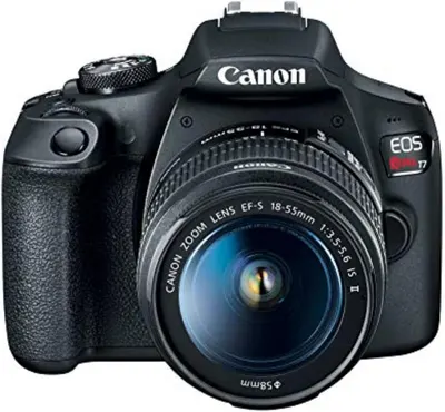 Provides a clean, catalog-style view of the Canon EOS Rebel T7 DSLR camera with lens, allowing shoppers to see the product clearly without distractions.