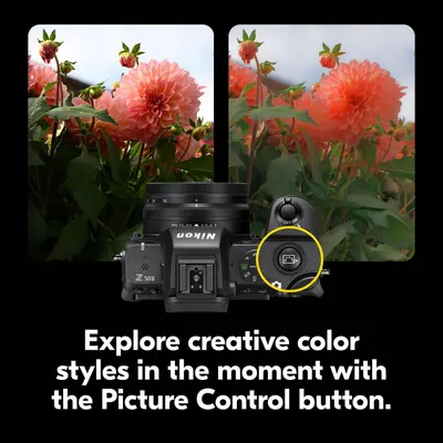 Highlights the camera's Picture Control button feature that allows photographers to explore and adjust creative color styles in real-time while shooting.