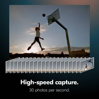 Communicates the camera's high-speed burst mode capability, reassuring shoppers they can capture fast-action moments with precision.