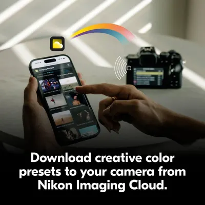 Demonstrates how to download creative color presets from the Nikon Imaging Cloud app to a camera wirelessly, showing the ease of transferring settings. Highlights the convenience of downloading…