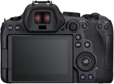 Displays the camera body from the back view on a clean white background to show the product's physical appearance, controls, and screen layout without distractions.