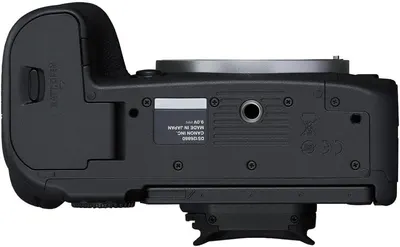 Provides a clean catalog-style view of the camera's bottom surface, showing the physical design, battery compartment, tripod mount, and regulatory markings without any distracting elements.