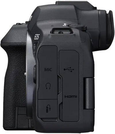 Shows the side view of the camera with labeled ports (MIC, USB, headphone, HDMI) to help shoppers understand the connectivity options and physical interface locations.