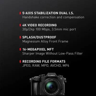 Communicates multiple technical specifications and features of the camera to inform shoppers about its advanced capabilities including stabilization, video quality, durability, image sensor, and…