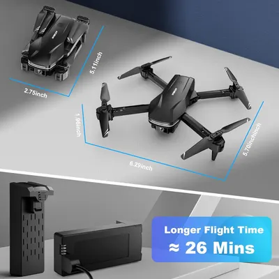 Shows the physical dimensions of the drone in both folded and unfolded states to help shoppers understand its portability and storage size. Highlights the drone's impressive 26-minute flight time…