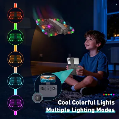 Highlights the drone's colorful LED lighting feature with multiple modes to emphasize fun, visual appeal, and entertainment value for kids.