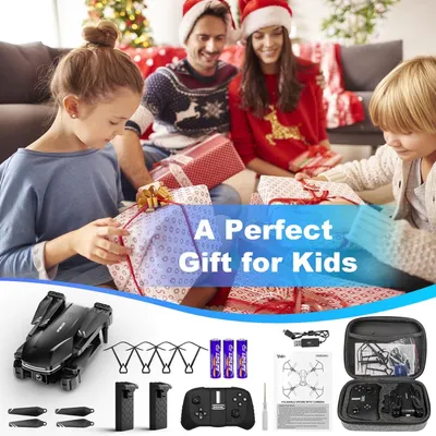 Positions the product as an ideal Christmas gift for children, leveraging seasonal imagery and family holiday context to drive gifting purchases. Shows all items included in the package—drone,…