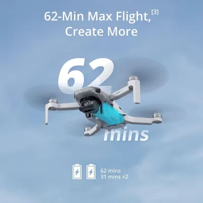 Highlights the drone's impressive 62-minute maximum flight time to communicate extended usage capability and battery performance, reassuring shoppers they can capture more content without frequent…