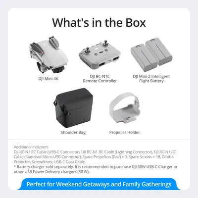 Shows the customer everything included in the purchase: the DJI Mini 4K drone, remote controller, batteries, shoulder bag, propeller holder, cables, spare parts, and accessories to set clear…