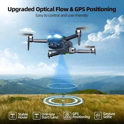 Communicates multiple advanced drone features including upgraded positioning technology, stable hovering capability, easy controls, and gesture selfie functionality to demonstrate the product's…