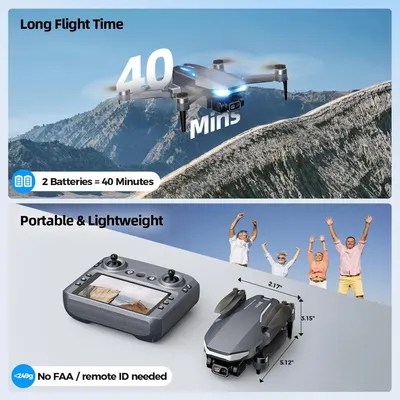 Communicates multiple key selling benefits of the drone including extended 40-minute flight time with dual batteries, compact foldable design with exact dimensions, and regulatory convenience for…