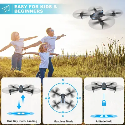 Communicates multiple beginner-friendly features of the drone to reassure parents and new users that it's easy to operate and control.