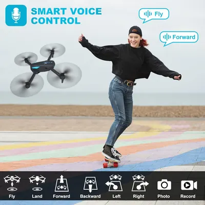 Demonstrates the drone's hands-free voice control capability, showing users they can control the drone with simple voice commands like 'Fly' and 'Forward' for an intuitive, easy flying experience.