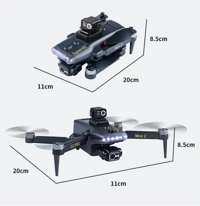 Shows the exact physical dimensions of the drone in both folded and unfolded configurations to help shoppers understand its compact, portable size.