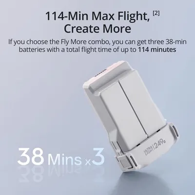 Communicates the impressive total flight time capability of 114 minutes when purchasing the Fly More combo with three batteries, emphasizing extended usage and value. Highlights the key benefit of…