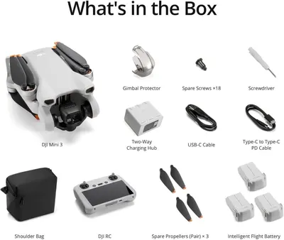 Shows everything the customer receives when purchasing the DJI Mini 3 drone, including the drone, controller, batteries, cables, accessories, and carrying bag to set clear expectations about the…