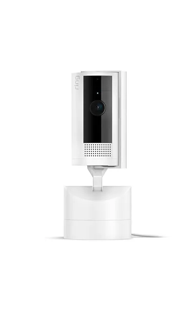 Provides a clean, catalog-style view of the Ring security camera product to show its physical appearance and design without distractions.