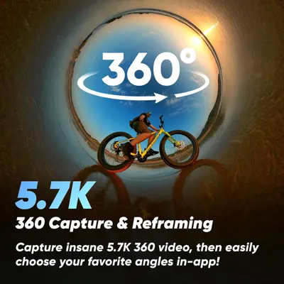 Highlights the camera's impressive 5.7K resolution for 360-degree video capture, emphasizing high-quality immersive recording capability and in-app reframing flexibility. Communicates the core…