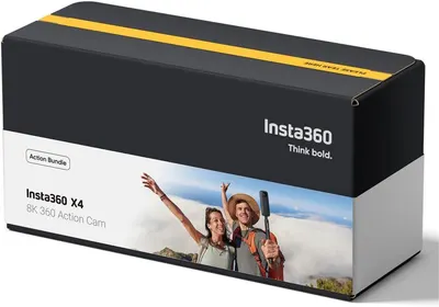 Showcases the Insta360 brand identity and product packaging for the X4 Action Bundle, reinforcing brand recognition and positioning the product as adventure-ready.