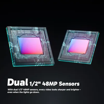 Highlights the camera's dual 48-megapixel sensor specification to communicate superior video quality and low-light performance, reassuring shoppers of professional-grade imaging capability.…