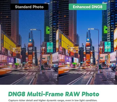 Demonstrates the visual improvement in photo quality when using the DNG8 Multi-Frame RAW feature, showing richer detail and higher dynamic range compared to standard photos.