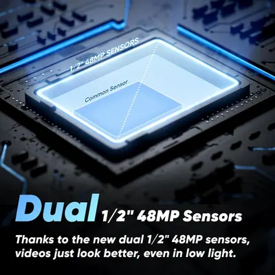 Highlights the internal camera sensor technology, showing the dual sensor configuration and size to communicate superior image quality and low-light performance. Communicates that the dual sensor…