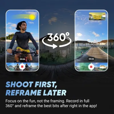 Communicates the product's ability to record in full 360° and reframe the best moments afterward, emphasizing ease of use and creative flexibility for capturing action.