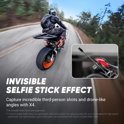 Demonstrates the product's ability to capture third-person and drone-like angles without the selfie stick being visible in the shot, appealing to action sports enthusiasts and content creators.