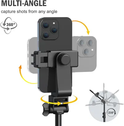 Demonstrates the phone mount's ability to rotate 360 degrees and capture shots from any angle, reassuring shoppers of its versatility and flexibility for photography and video recording.