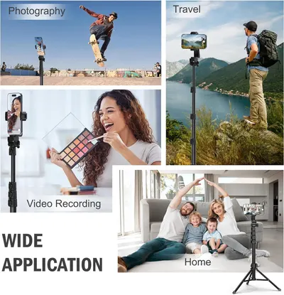 Demonstrates the product's versatility by showing multiple use cases across different environments and activities, reassuring shoppers that this selfie stick/tripod works for action photography,…