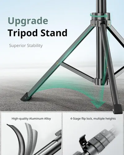 Communicates multiple distinct benefits of the upgraded tripod stand through a segmented layout, highlighting stability, premium materials, and adjustable height functionality to reassure shoppers…