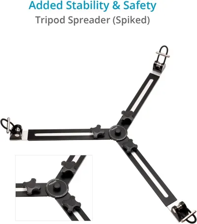 Highlights the added stability and safety feature of the spiked tripod spreader to reassure customers that the product provides secure and safe tripod setup.