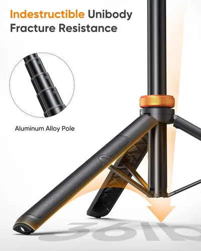 Highlights the product's structural durability by showcasing the aluminum alloy pole construction and its indestructible unibody design to reassure shoppers of its strength and longevity.