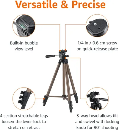 This image breaks down the tripod's key physical components and structural features to help shoppers understand what the product is made of and how its parts function together.