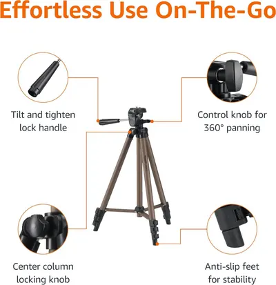 This image breaks down the tripod's key physical components and controls to help shoppers understand the product's structure and how each part functions for ease of use and stability.