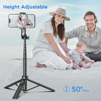 Communicates the adjustable height feature and maximum extension capability of the selfie stick/tripod to show shoppers it can accommodate various shooting angles and group sizes. Highlights the key…