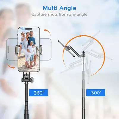 Communicates the product's multi-angle rotation and tilt capabilities with specific degree measurements to demonstrate its flexibility and versatility for capturing photos from any angle. Highlights…