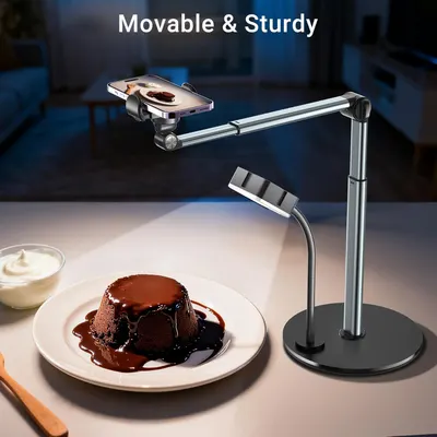 Demonstrates the product's dual benefits of mobility and stability, showing both the adjustable phone holder arm and flexible lighting for versatile positioning and use.