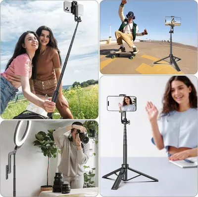 Demonstrates the versatility of the selfie stick/tripod by showing it can be used across multiple scenarios including outdoor selfies, skateboarding action shots, video conferencing, and indoor…
